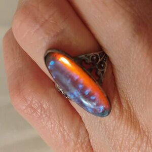 Antique Sterling Silver Dragon's Breath Art Glass Gem, Size 5.5 Ring